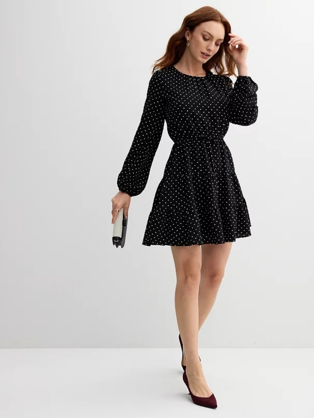 Draper James Long‎ Sleeve Pleat Neck Dress Black Polka Dot